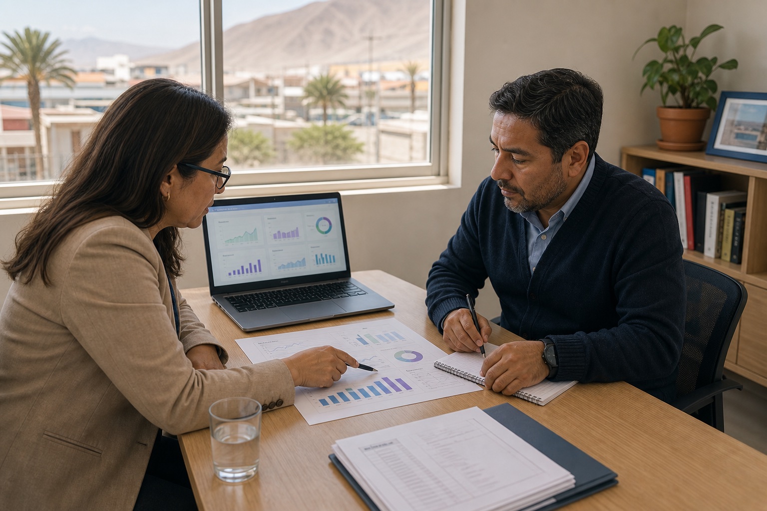Profesionales analizando un informe ejecutivo educacional con datos agregados