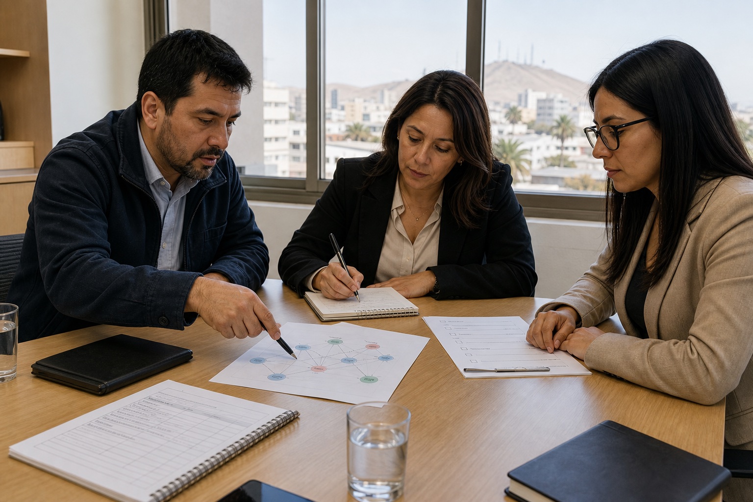 Equipo revisando un mapa de actores, una minuta y próximos pasos de seguimiento