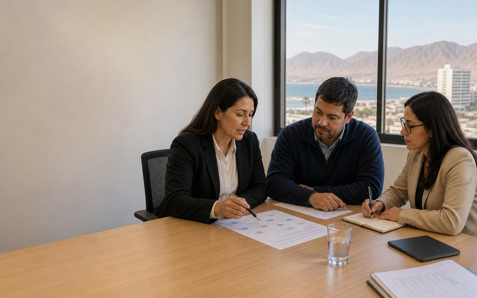 Profesionales preparando una gestión institucional transparente en una reunión de trabajo